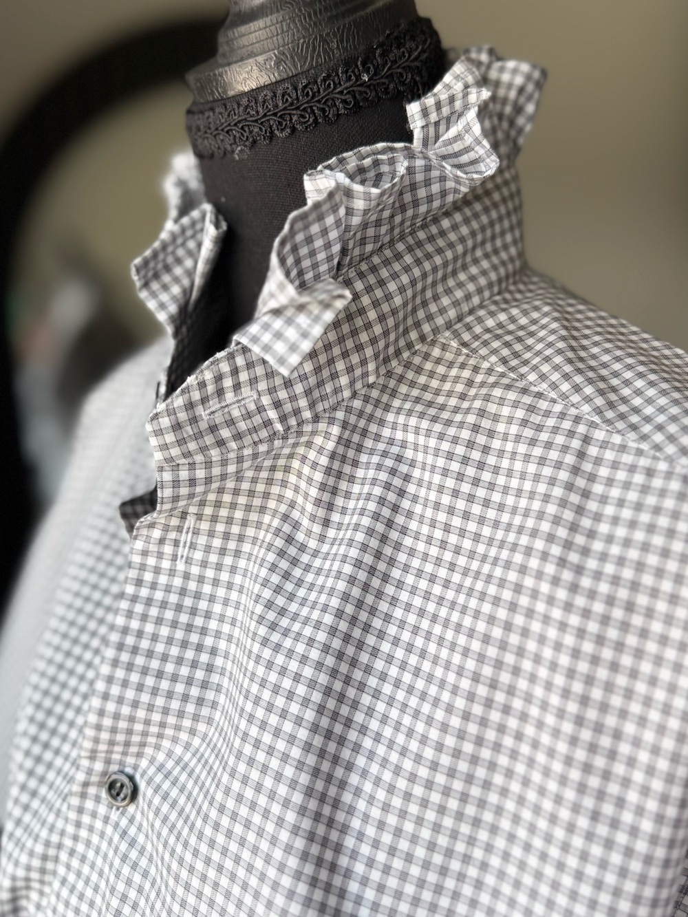 Eton Black White Gingham Upcycled Ruffle-Collar Button-Down  Blouse M/L